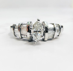 14K White Gold .69ct Marquise & Baguette Natural Diamond Ring Size 6 5g Vintage