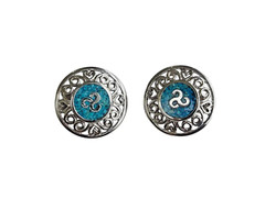 Trifari TM Silver Tone and Turquoise Chip Mosiac Clip Earrings