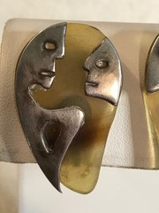 Vtg Sterling Silver & Horn or Lucite Modernist Man Woman Screw Earrings Mexico