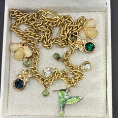 Vintage Tiny Hummingbird Enjoying Flowers, & Rhinestone Raindrop Charms Necklace