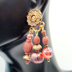 Burgundy Cranberry Copper Colored Multi Shape & Strand Bead Pierced Vtg Earrings