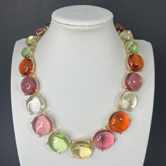 Gripoix Style Riviere Necklace Choker Pink Green Gumdrop Cabochon Gold Tone
