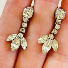 Glitzy Dainty Earrings VTG Clip Crystal Rhinestone Marquise Dangle Jeweled 60s
