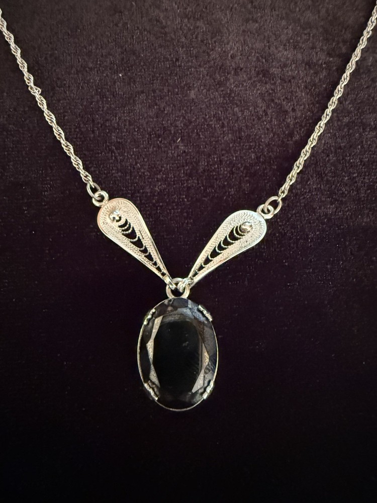Vintage Sorrento Sterling Silver Oval Onyx Rope Chain Necklace 16”