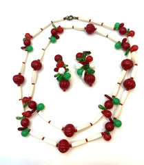 Fun! Red & White Plastic Fruit Salad 34″ Necklace W Dangle Clip Earrings Germany