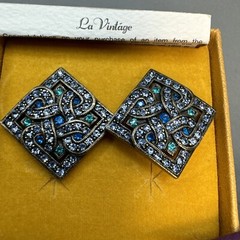 LaVintage Signed Art Deco Style Blue Rhinestone Antiqued Brass Earrings NIB