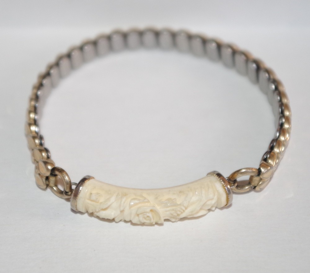 Vintage 1/20 10K GF Carved Flower Coral Stretchable Flexible Bangle Bracelet
