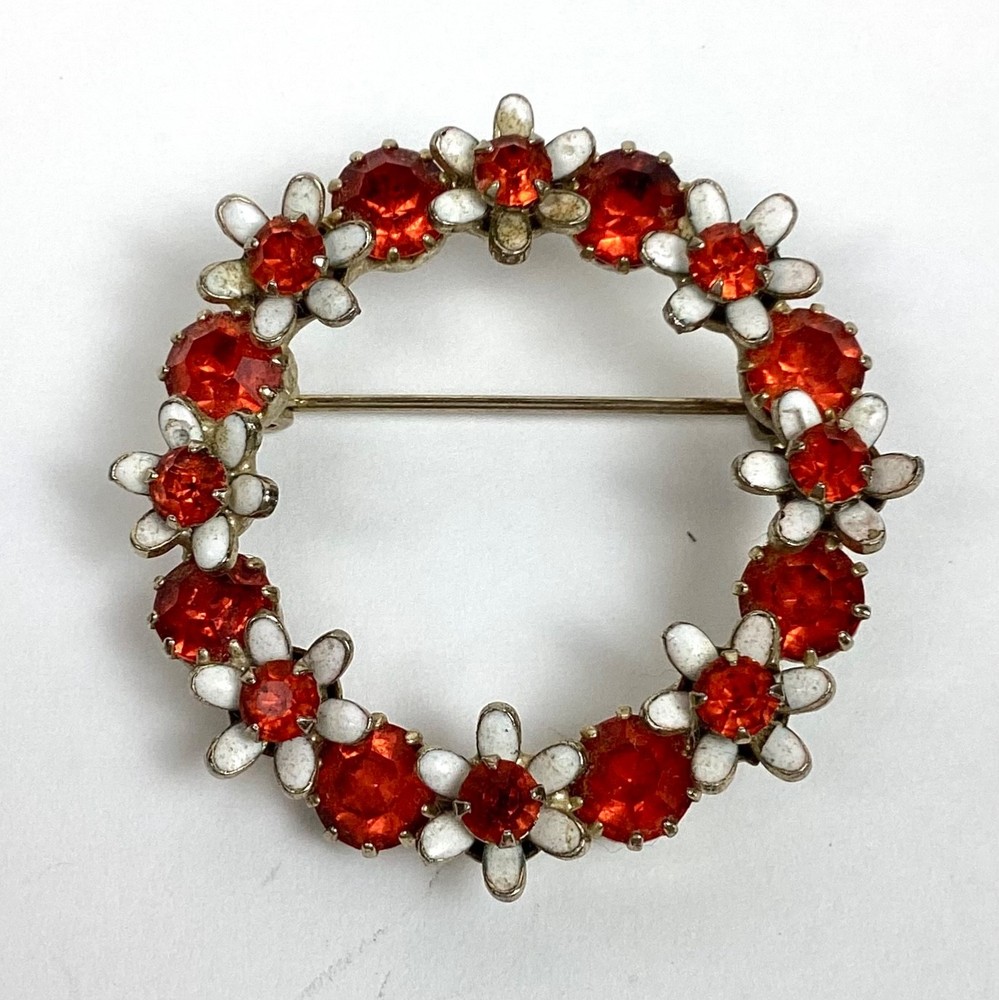 Vintage Gold-Tone, Red Rhinestone & White Enamel Circular Brooch 1.5″ Diameter