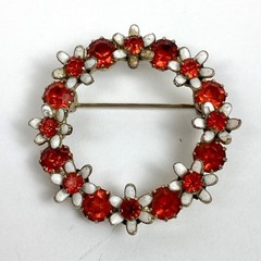 Vintage Gold-Tone, Red Rhinestone & White Enamel Circular Brooch 1.5″ Diameter