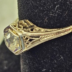 Antique Belais 18K White Gold Art Deco Ring Elongated Old Mine Cut Diamond