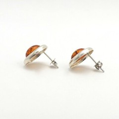 Vintage Sterling Silver Bezel Set Genuine Amber Stud Button Earrings