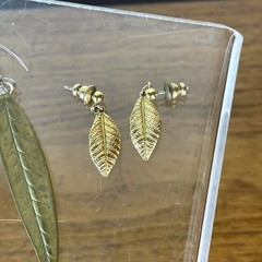 Vintage Festival Feathers & Leaf Pierced Earrings Brass Gold Tone Jewelry Native