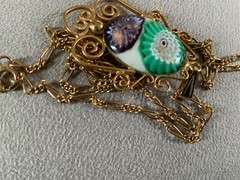 VTG green purple Suffragette art glass pendant figaro Pot metal Opera necklace