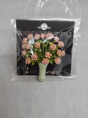VINTAGE ENAMEL RHINESTONE PINK ROSE FLOWER BOUQUET VASE BROOCH PIN SIGNED