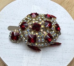 Brooch Turtle Figural Red Rivoli & Clear AB Rhinestone Large 2.25″ Vintage 1960s