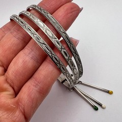 Vintage 800 Silver Triple Band Bracelet Circle Matchstick Enamel Charms Jewelry