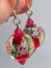 Vintage Sterling Silver Pink Roses Crystal Glass Lampwork Beaded Dangle Earrings