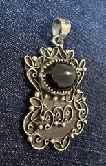 Black Onyx Cabochon Pendant Vintage Sterling Silver 925 Estate Southwestern Oval