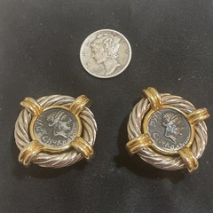 Vintage Erwin Pearl Two Tone Silver Gold Cable Rope Roman Coin Clip Earrings