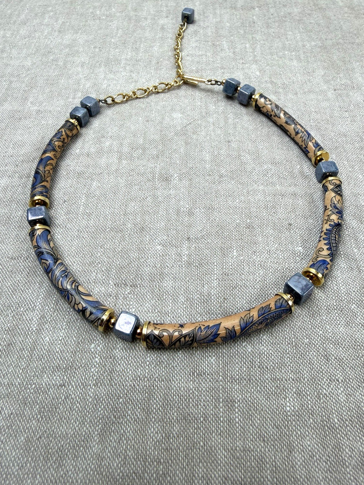 Vtg Japanese Choker Necklace Blue/Beige Floral Tubular Beads Boho Tattoo