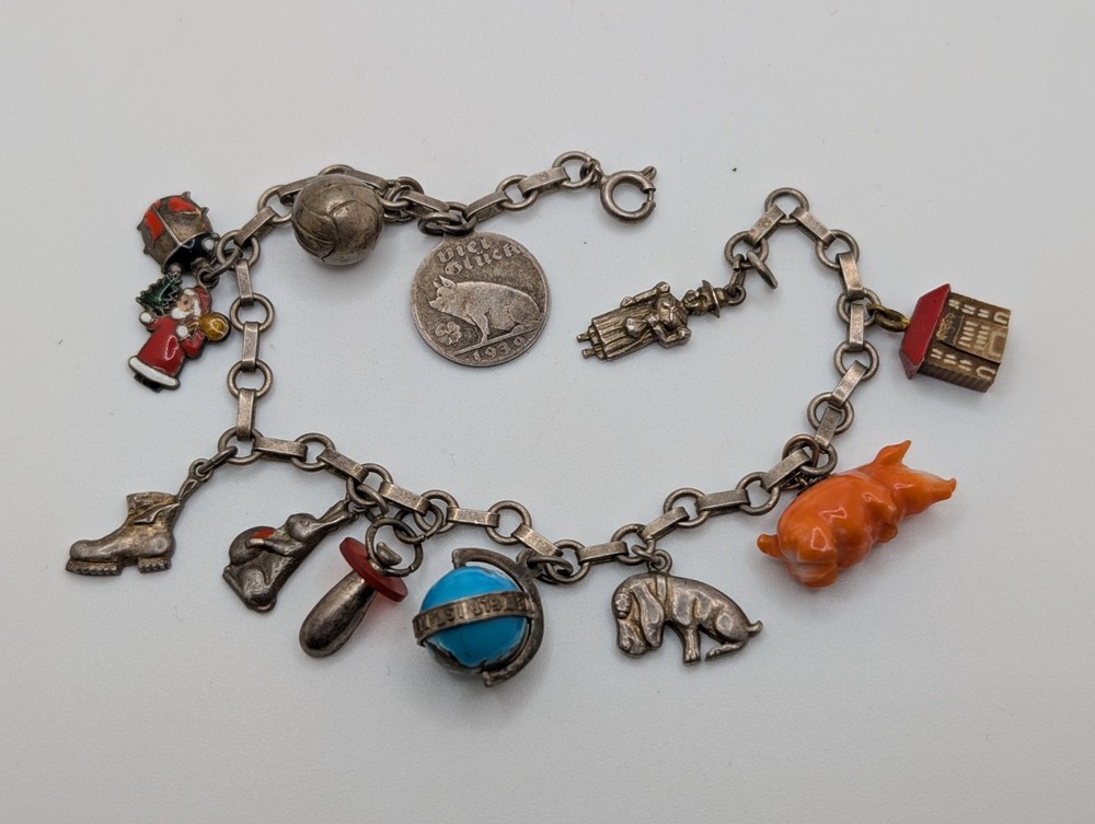 Vintage Austrian 900 Silver Glücksbringer 1939 Lucky Charm Bracelet Coral Pig 7″