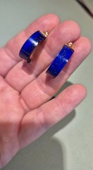 Vintage 14K Yellow Gold Hong Kong Lapis Hoop Earrings 1” Long, Vintage