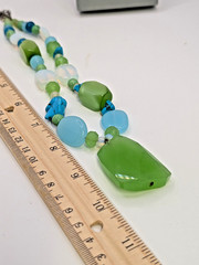 Vintage Blue Green Glass Pendant Necklace Satin Opalite