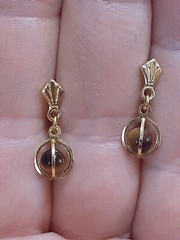 Dainty Tiger’s eye gemstone caged gold tone dangle drop earrings