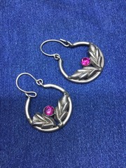 Vintage Hazara Silver Earrings 8.7g Pink Glass Stone Tribal Ethnic Hoop Drop