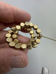 Clear AB Aurora Borealis Rhinestone Prong Dbl Circle Gold Tone Brooch Estate Vtg