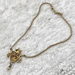 Vintage Puffy Heart Flower Necklace Orange Rhinestones Gold Tone Chain 15″