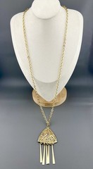 Vintage Boho Necklace Filigree Geometric Pendant Bar Tassel Fringe Gold Tone 27”