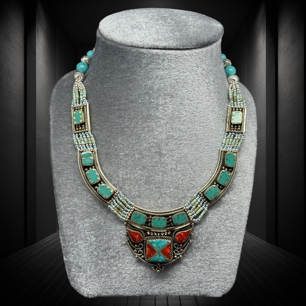 Nepal Jewelry Brass Turquoise Coral Heishi Beaded Handmade Choker Necklace