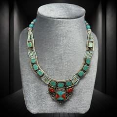 Nepal Jewelry Brass Turquoise Coral Heishi Beaded Handmade Choker Necklace