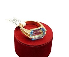 Vtg Sz 5 Ring Lg Aqua Blue Cubic Zirconia 18KGE Gold Electroplated Jewelry StyL2