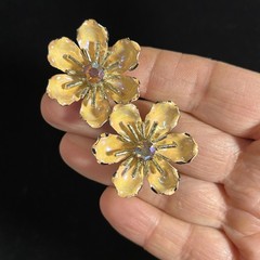 RARE Vintage CORO Enamel Flower AB Rhinestones Peach Tones Brooch Earring Set