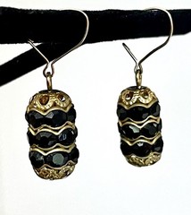 Vintage Black Glass Rhinestone Gold Tone Dangle Earrings Gothic Quiet Luxury EUC