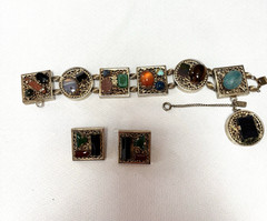 Kafin NY Bracelet and Earrings Demi Parure, Cabochon and Glass Stones, DBL Links
