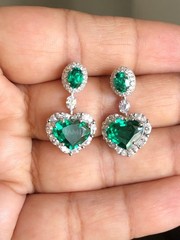 Heart Oval Simulated Emerald Simulated Diamond Halo Dangle Earrings 925 Silver
