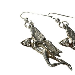 Vintage Art Deco Silver Butterfly Winged Nude Fairy Woman Dangle Earrings