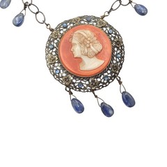 Vintage Handmade OOAK Cameo Necklace, Gemstone Dangle Statement Artisan Necklace
