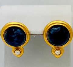 Vintage 1990s Gold Tone Blue Cabochon Faux Pearl Pierced Earrings