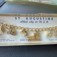 VTG SAINT AUGUSTINE Charm Bracelet Building Enamel Gold Tone Rope Chain NOS