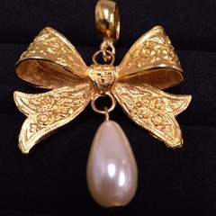 Dauplaise Gold Tone Bow Pendant with Faux Pearl Dangle (No Chain)