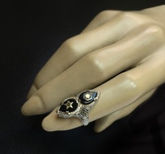 ANTIQUE BELAIS 14K White Gold FILIGREE DIAMOND ONYX RING – size 4