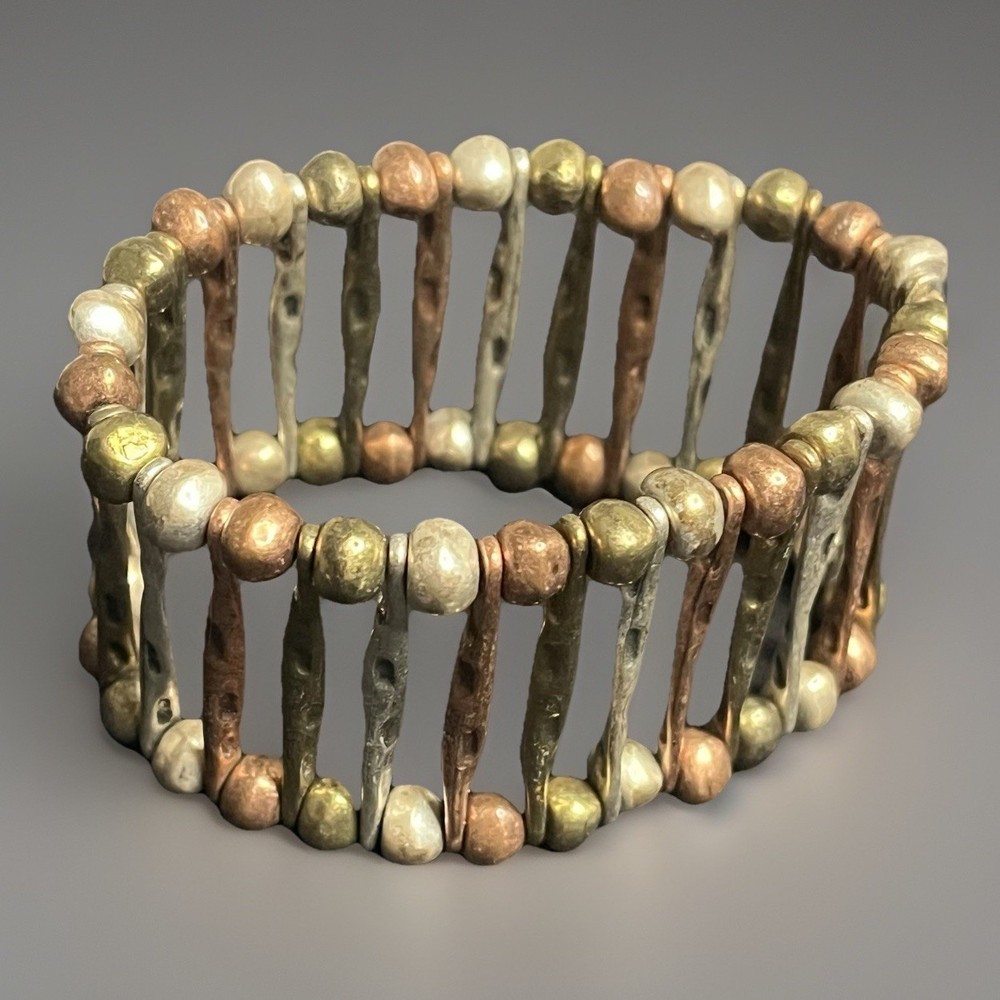 Vintage Bohemian Tri-Color Metals Brass, Copper Silvertone Stretch Bracelet