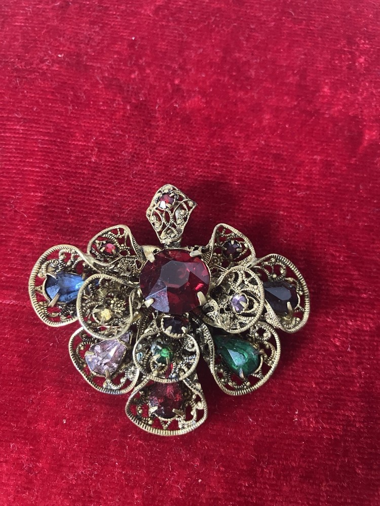 1930’s CZECH Art Deco Victorian Revival FILIGREE BRASS Colorful Glass Pendant