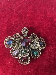 1930’s CZECH Art Deco Victorian Revival FILIGREE BRASS Colorful Glass Pendant