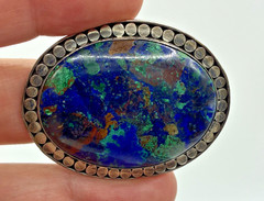 Vintage Brooch Sterling Silver Azurite Malachite Oval Blue Green Gemstone