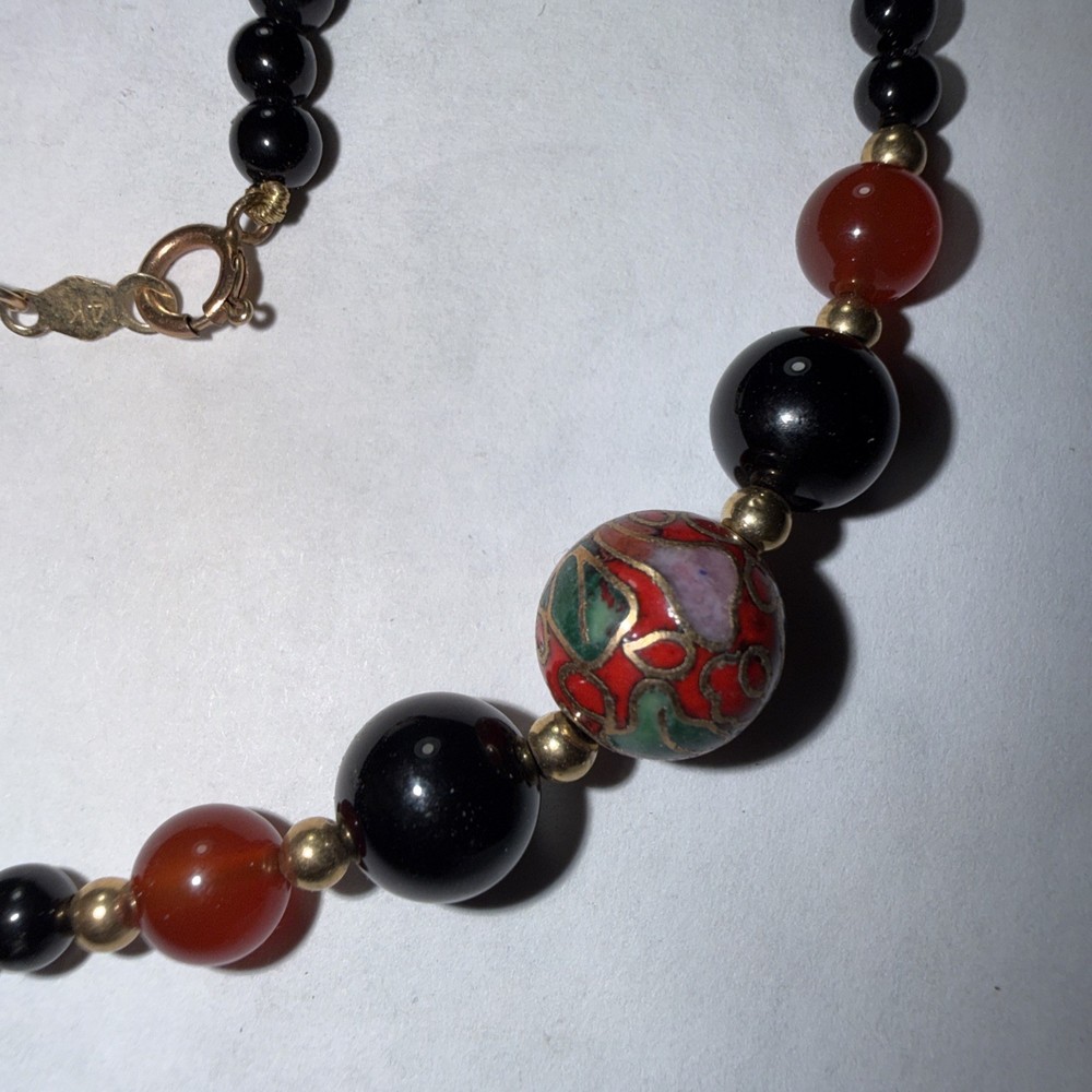 14k Gold Bracelet Black Coral Cloisonne Vintage Unused 6.75” Biggest Bead 10mm